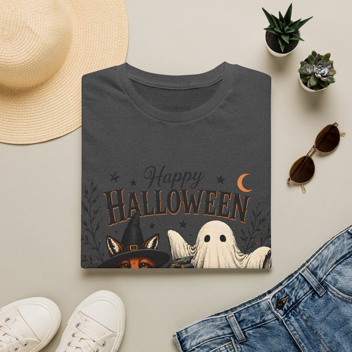 Happy Halloween T-Shirt — Cute Witch Cat & Ghost Pumpkin Graphic Tee