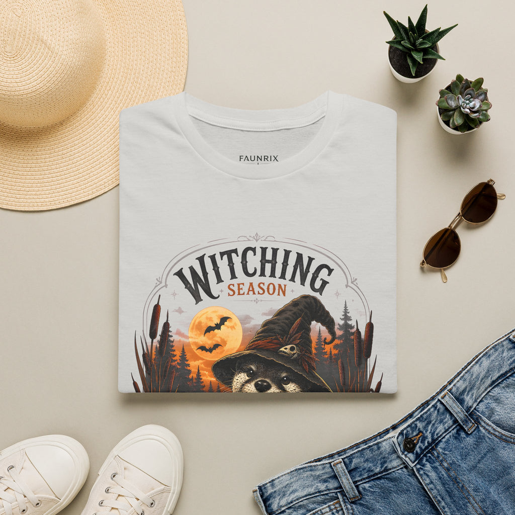 Witching Season T-Shirt — Halloween Witch Raccoon Graphic Tee