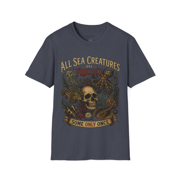 Ocean Creature Graphic T-Shirt — "All Sea Creatures Are Friendly (Some Only Once)" Vintage Skull Octopus Tee