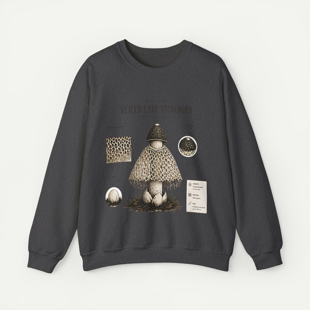 Veiled Lady Stinkhorn Mushroom Crewneck Sweatshirt — Botanical Mycology Graphic