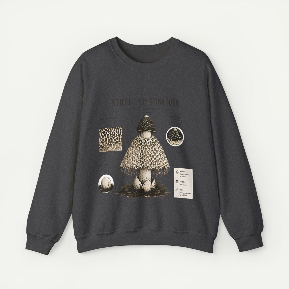 Veiled Lady Stinkhorn Mushroom Crewneck Sweatshirt — Botanical Mycology Graphic