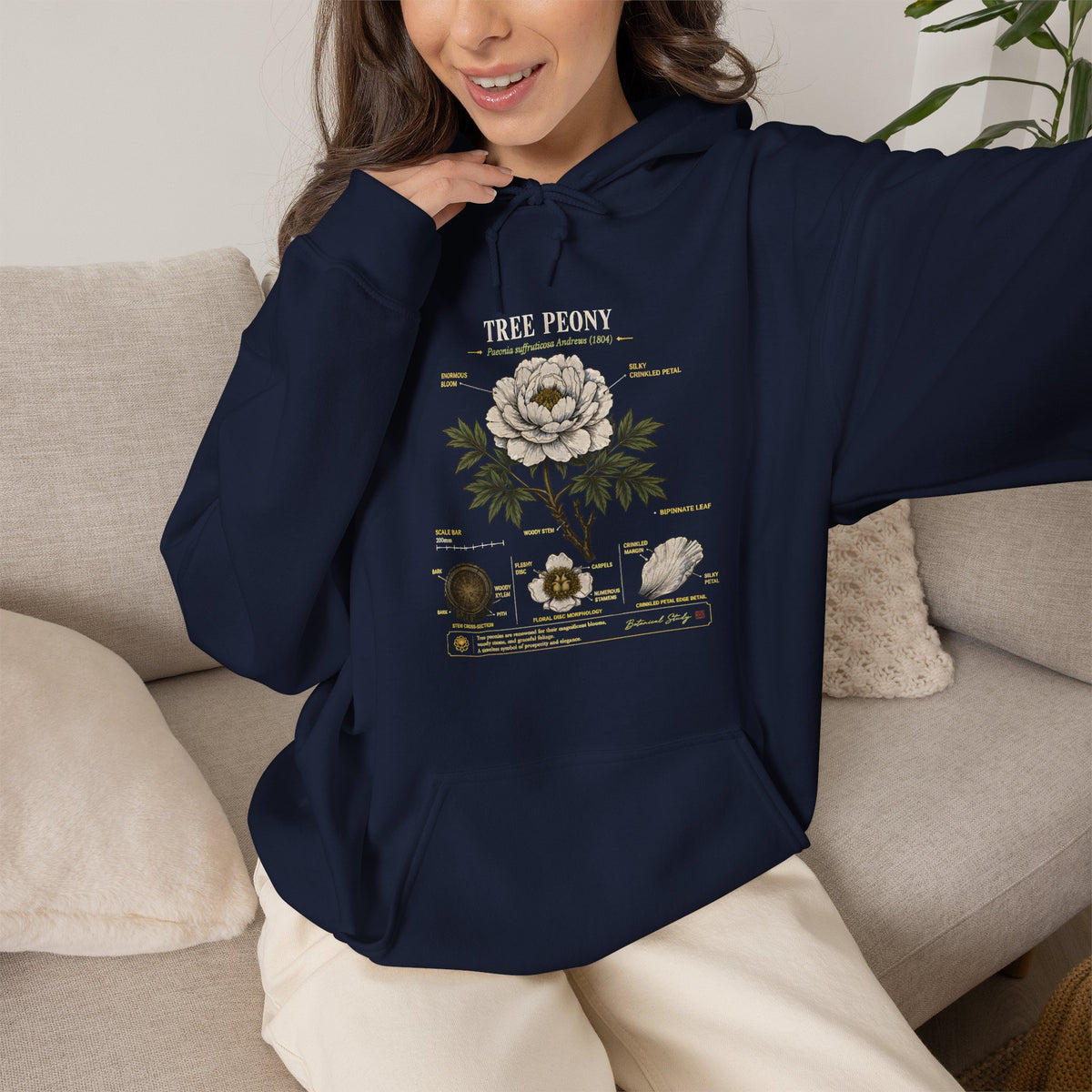 Floral Anatomy Hoodie — 'Tree Peony' Botanical Diagram Pullover