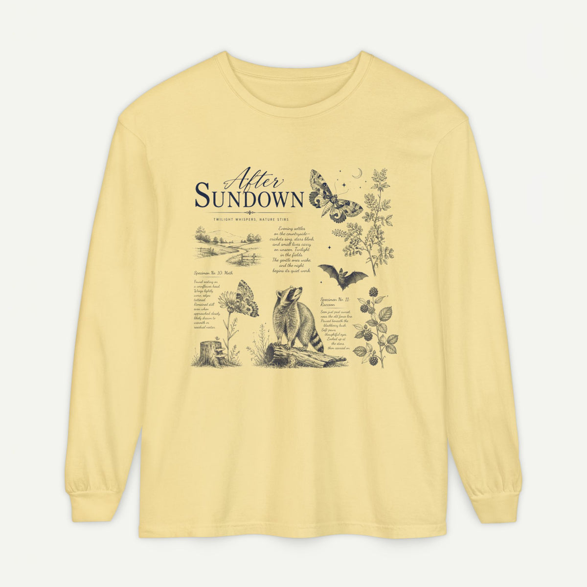 After Sundown Long Sleeve Tee — Vintage Moonlit Nature Graphic