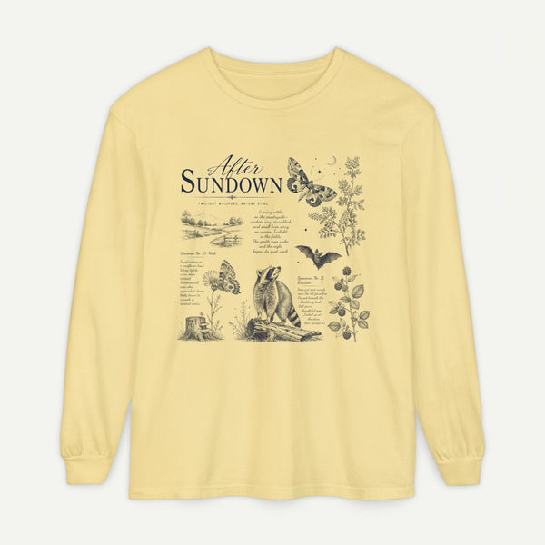 After Sundown Long Sleeve Tee — Vintage Moonlit Nature Graphic