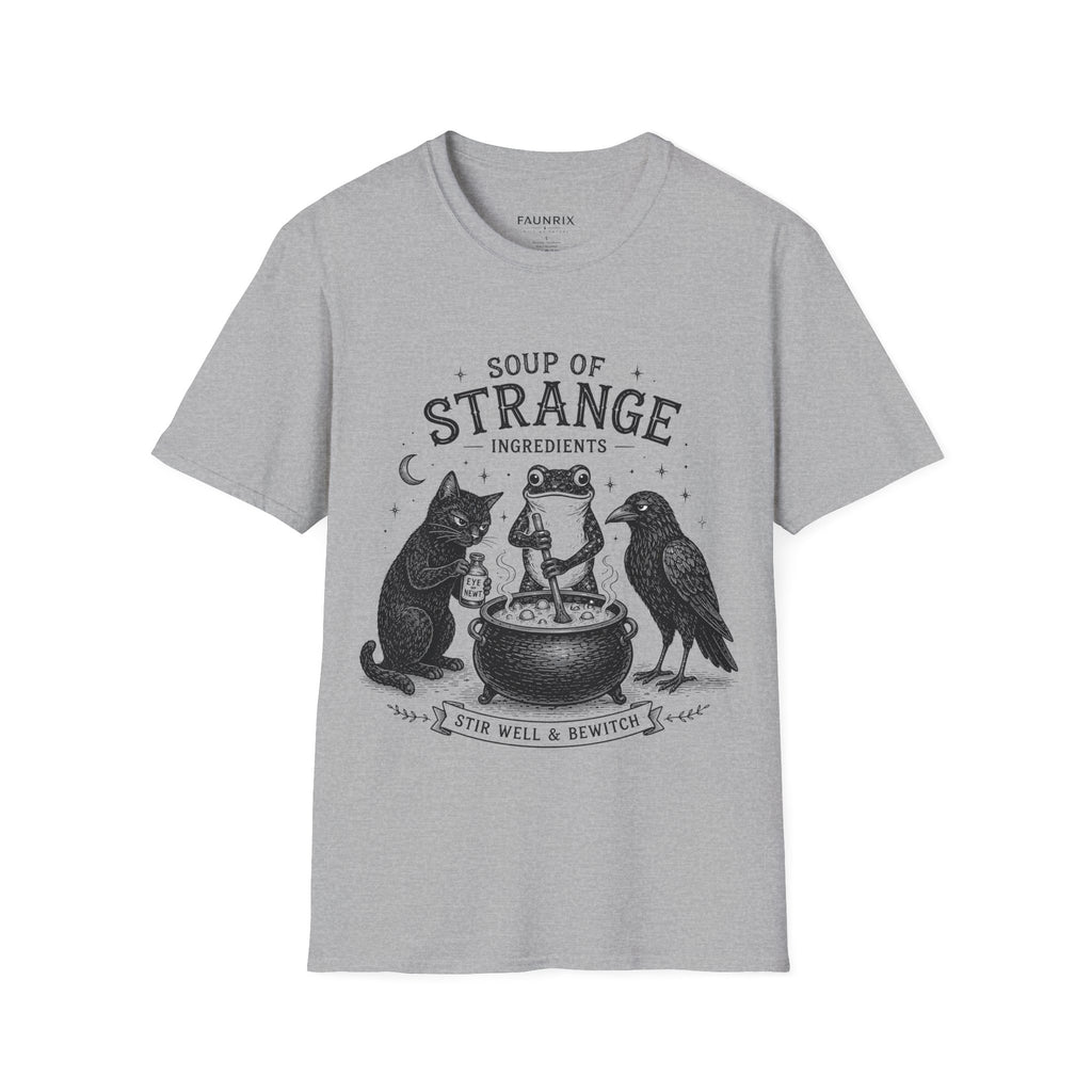 T-Shirt — "Soup of Strange Ingredients" Witchy Frog, Cat & Crow Illustration