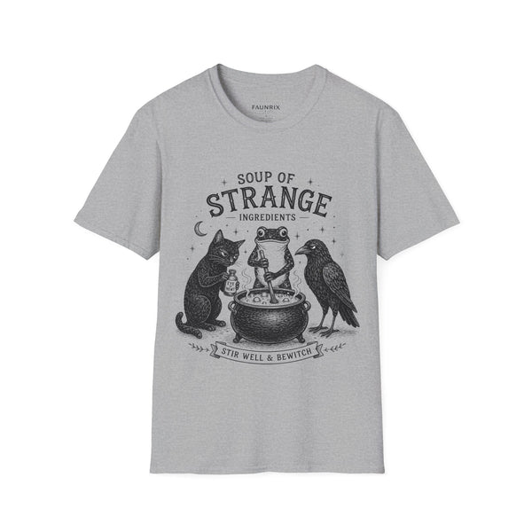 T-Shirt — "Soup of Strange Ingredients" Witchy Frog, Cat & Crow Illustration