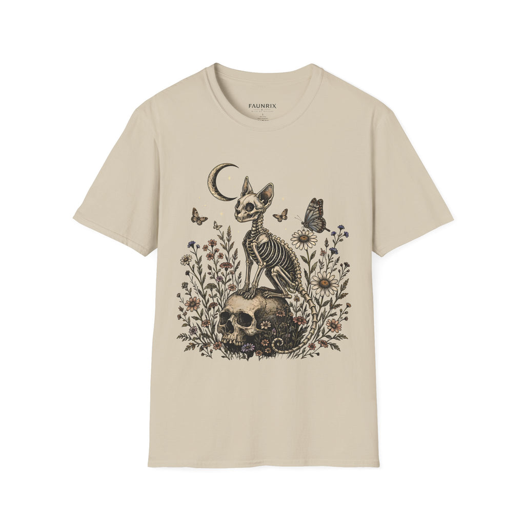 Skeleton Cat Moon T-Shirt — Gothic Floral Skull Tee