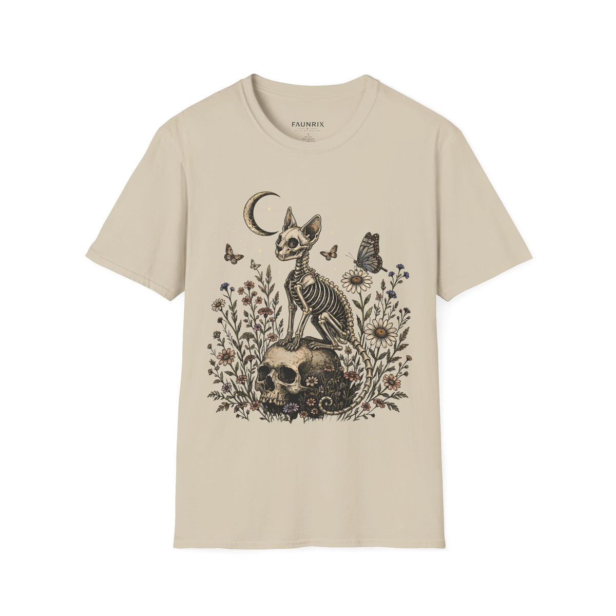 Skeleton Cat Moon T-Shirt — Gothic Floral Skull Tee
