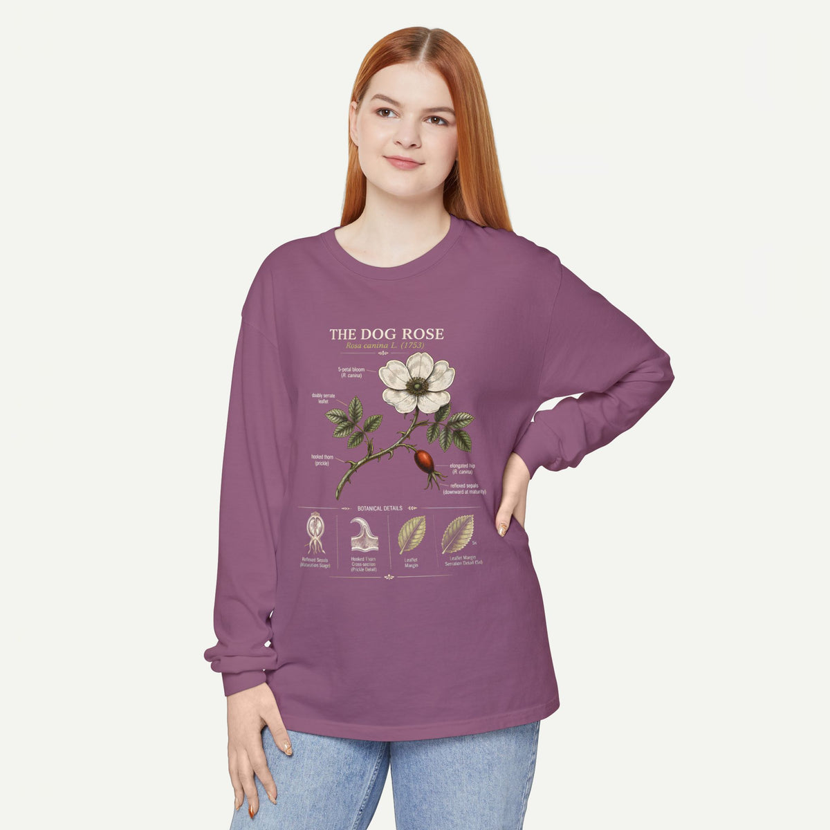 Vintage Botanical Long Sleeve Tee — Wild Rose Illustration