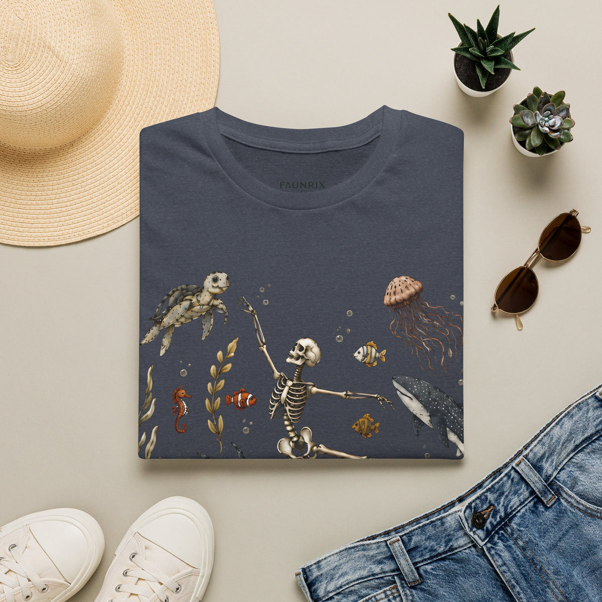 Skeleton & Sea Creatures T-Shirt — Whimsical Underwater Ocean Art Tee