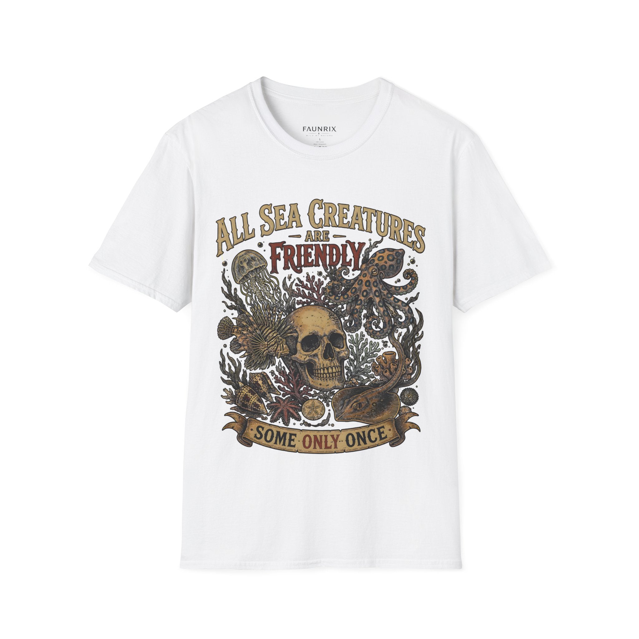 Ocean Creature Graphic T-Shirt — "All Sea Creatures Are Friendly (Some Only Once)" Vintage Skull Octopus Tee Secondary image
