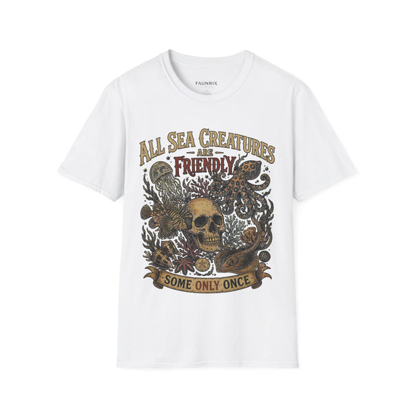 Ocean Creature Graphic T-Shirt — "All Sea Creatures Are Friendly (Some Only Once)" Vintage Skull Octopus Tee