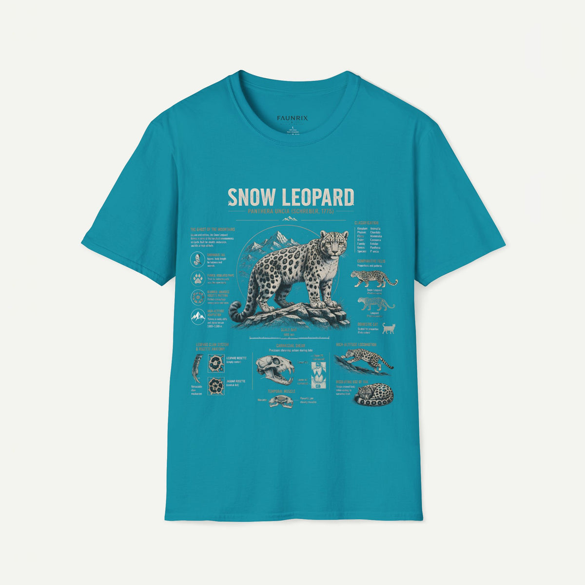 Snow Leopard Anatomy T-Shirt — Vintage Wildlife Illustration Tee