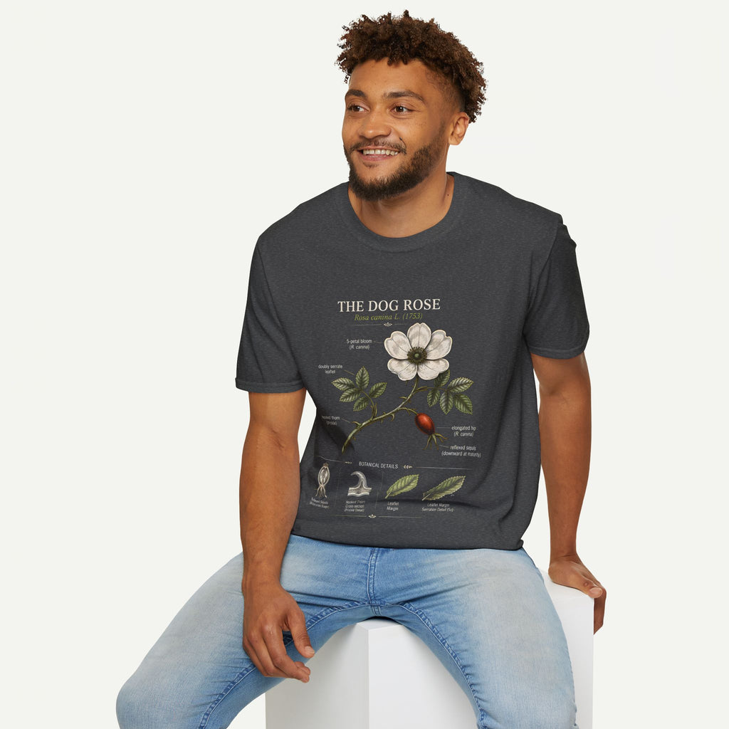 Dog Rose Floral T-Shirt — Botanical Illustration Tee with 'The Dog Rose' Label