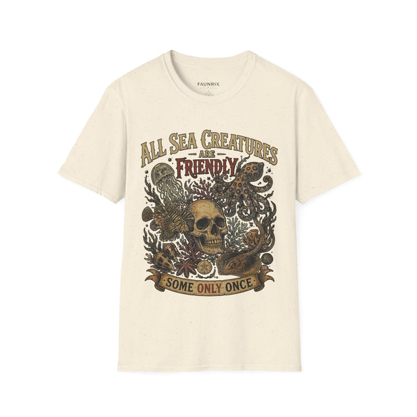 Ocean Creature Graphic T-Shirt — "All Sea Creatures Are Friendly (Some Only Once)" Vintage Skull Octopus Tee