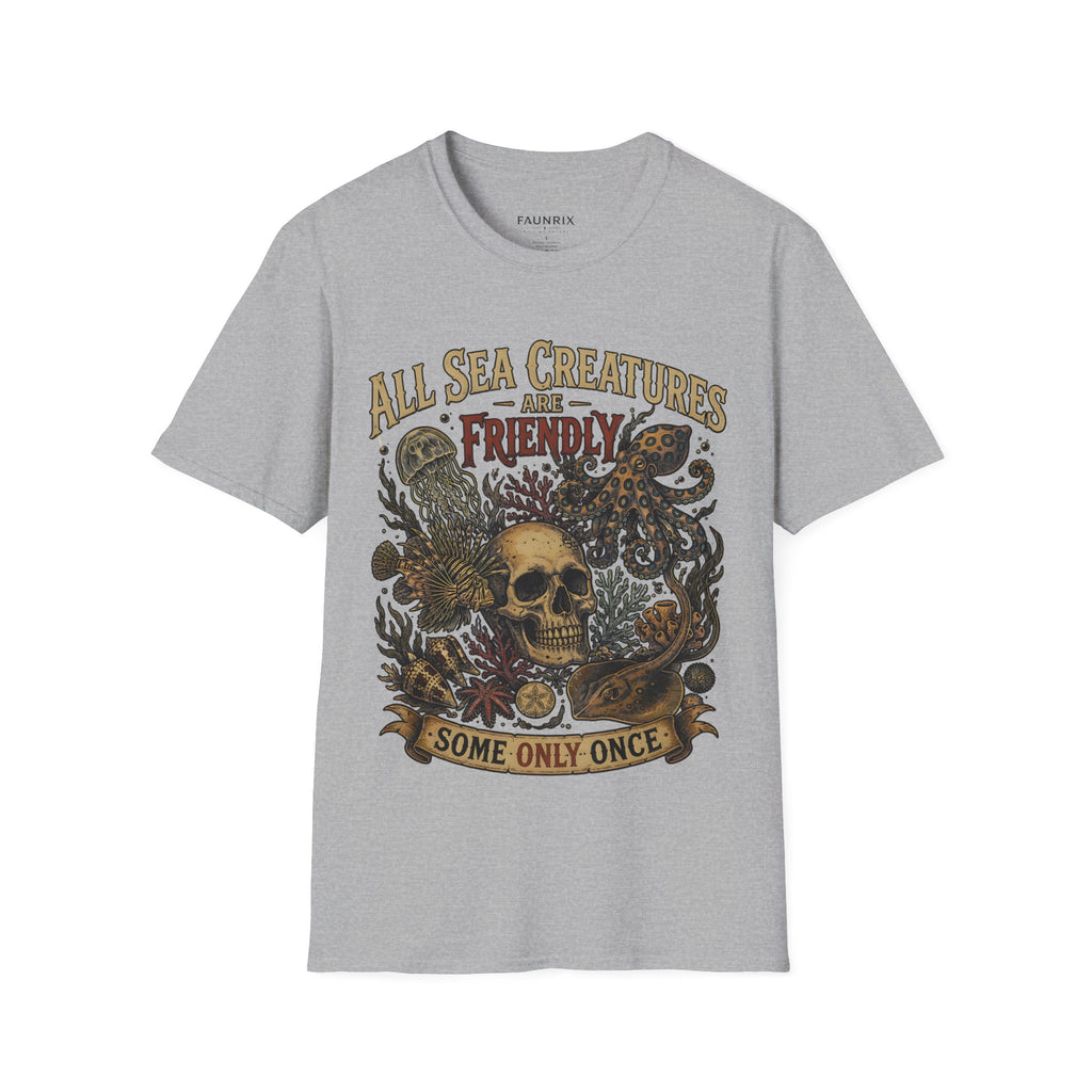 Ocean Creature Graphic T-Shirt — "All Sea Creatures Are Friendly (Some Only Once)" Vintage Skull Octopus Tee