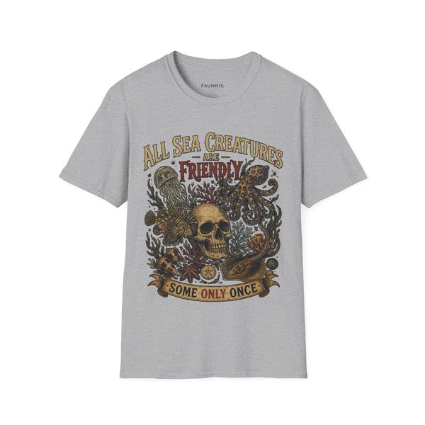 Ocean Creature Graphic T-Shirt — "All Sea Creatures Are Friendly (Some Only Once)" Vintage Skull Octopus Tee