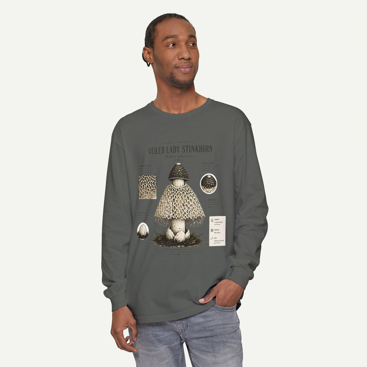 Veiled Lady Stinkhorn Mushroom Long Sleeve Tee — Botanical Fungi Illustration
