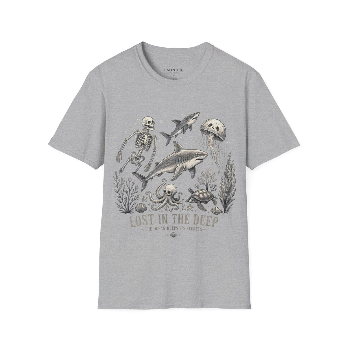 Ocean Skeleton Tee — "Lost in the Deep" Shark & Jellyfish Graphic Shirt