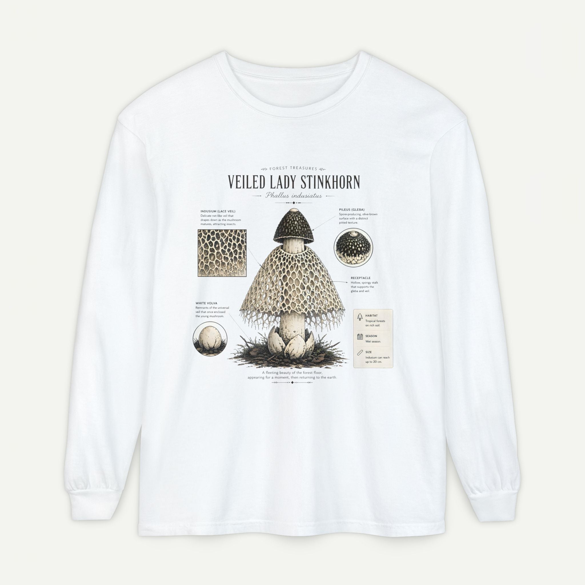 Veiled Lady Stinkhorn Mushroom Long Sleeve Tee — Botanical Fungi Illustration Secondary image