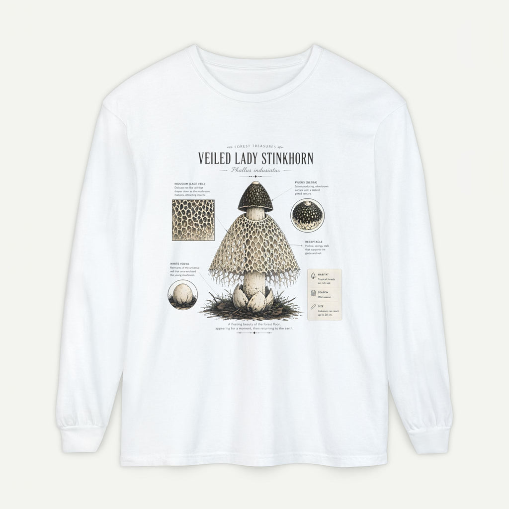 Veiled Lady Stinkhorn Mushroom Long Sleeve Tee — Botanical Fungi Illustration