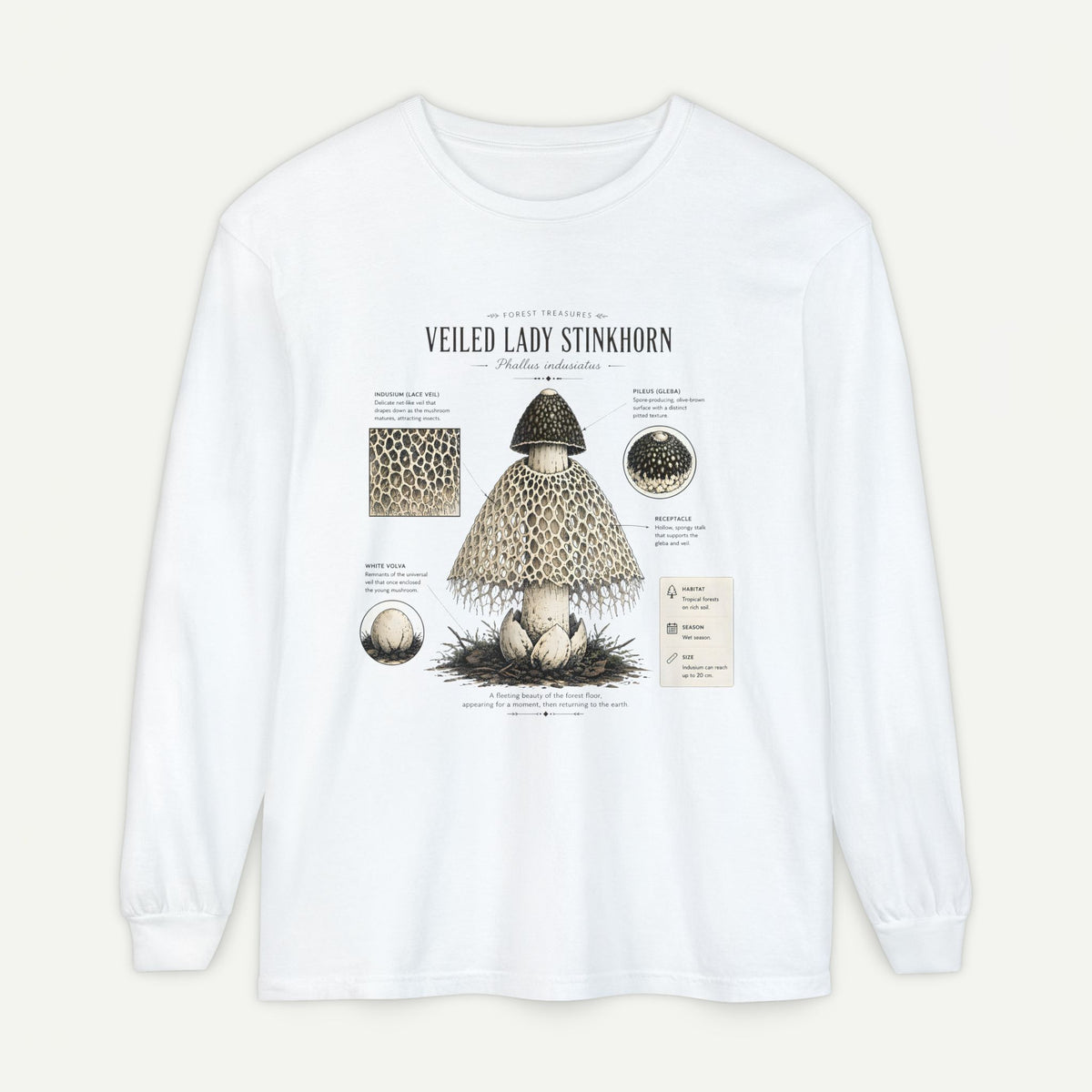 Veiled Lady Stinkhorn Mushroom Long Sleeve Tee — Botanical Fungi Illustration