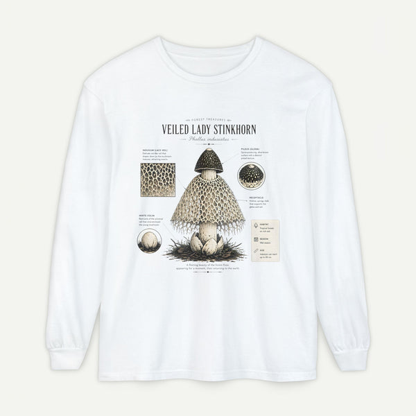 Veiled Lady Stinkhorn Mushroom Long Sleeve Tee — Botanical Fungi Illustration