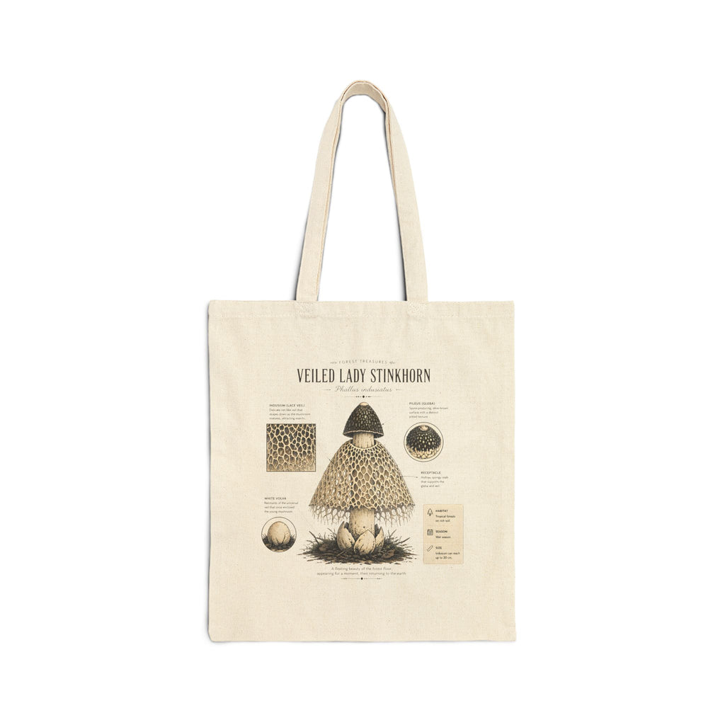 Veiled Lady Stinkhorn Tote Bag — Botanical Mushroom Illustration Canvas Tote