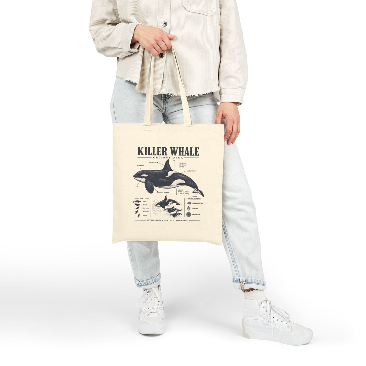 Killer Whale Anatomy Cotton Tote — Marine Biology Illustrated Canvas Bag