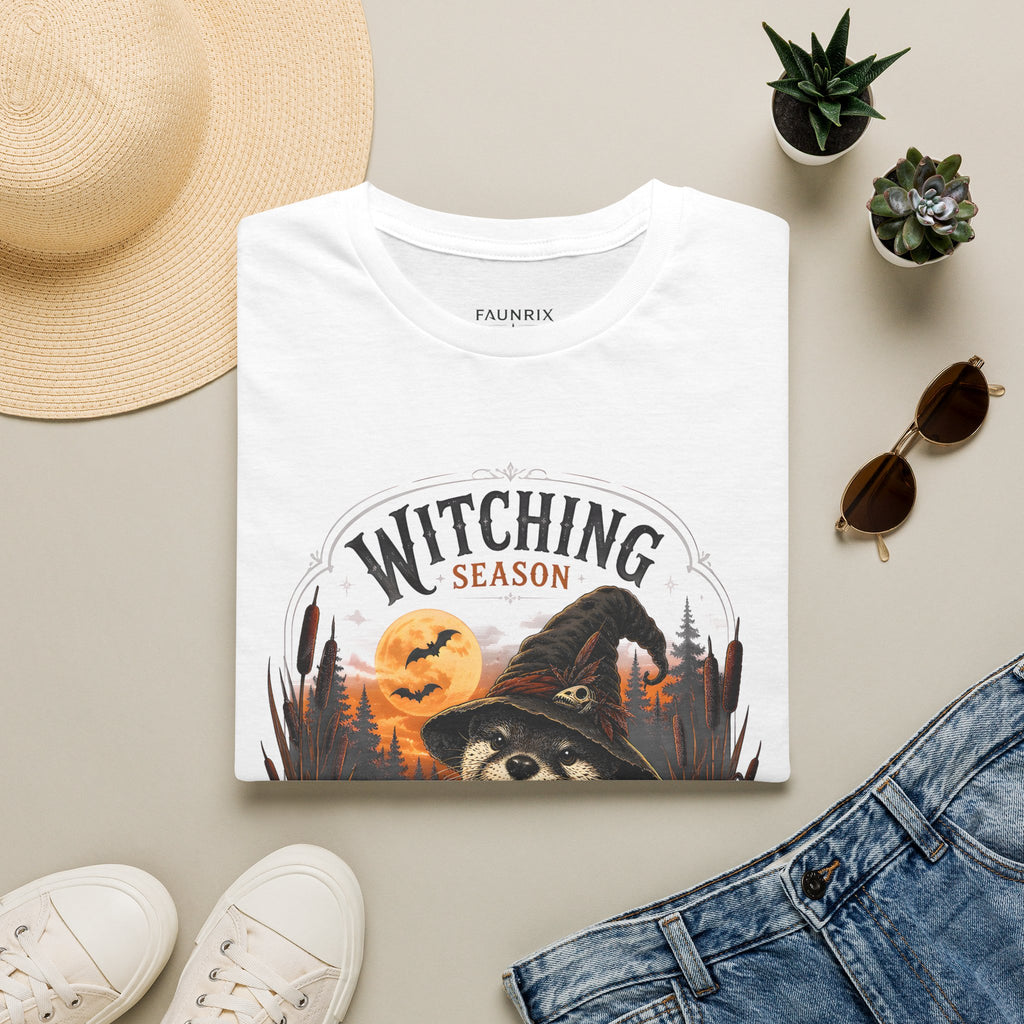 Witching Season T-Shirt — Halloween Witch Raccoon Graphic Tee