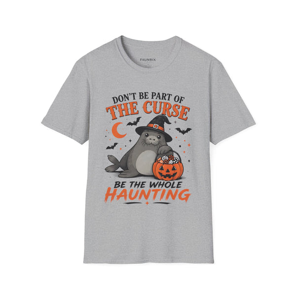 Don’t Be Part of The Curse Halloween T-Shirt — Cute Witch Cat "Be the Whole Haunting" Tee