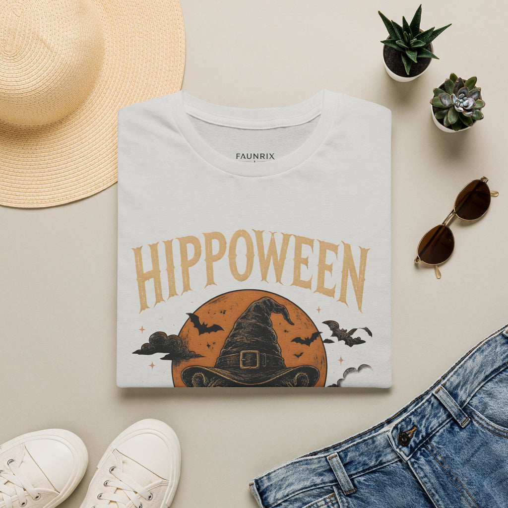 Hippoween Halloween T-Shirt — Hippo in Witch Hat Pumpkin Design