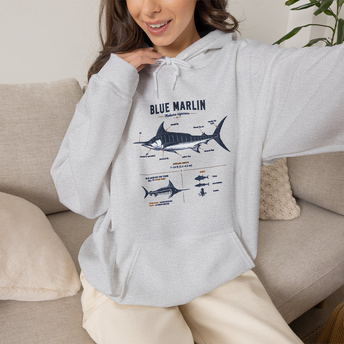 Blue Marlin Illustration Hoodie – Marine Species Diagram Fishing Sweatshirt