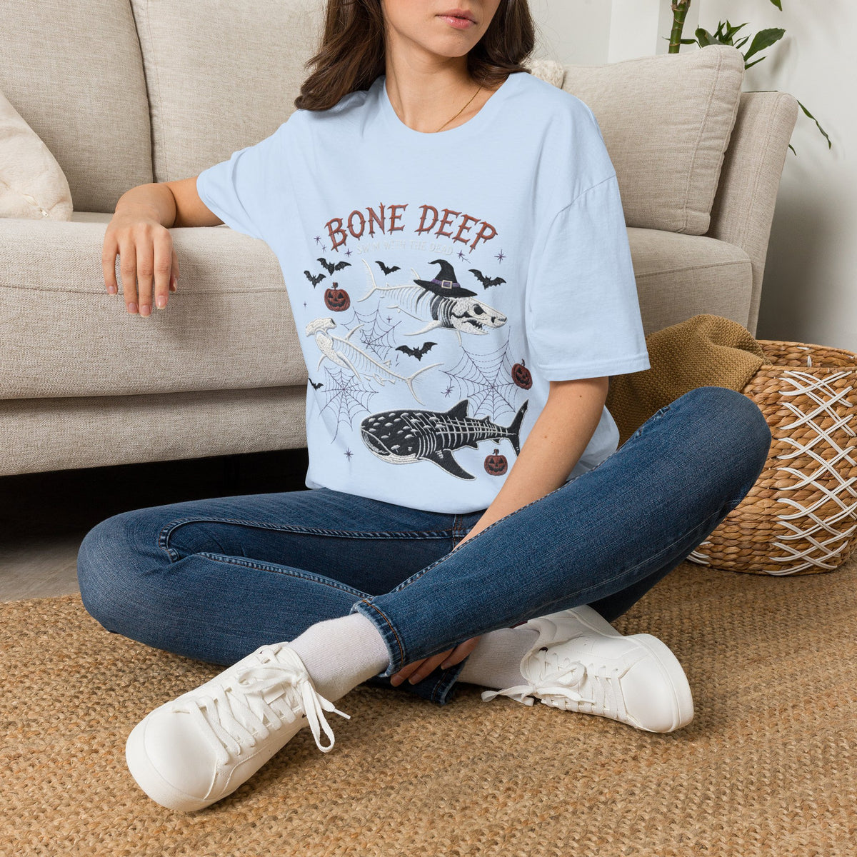 T-Shirt — "Bone Deep" Halloween Fish Skeleton Graphic Tee