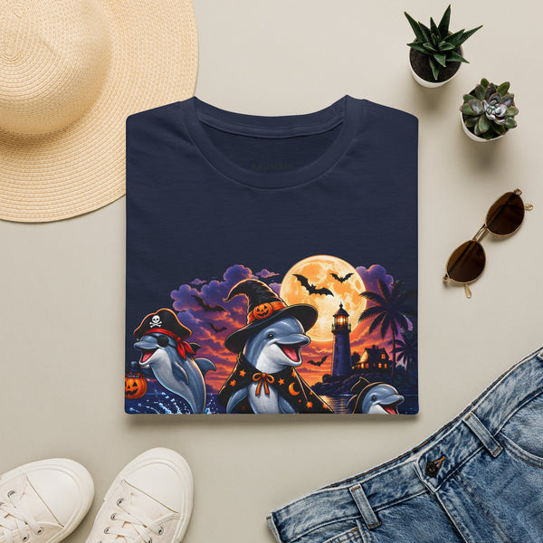 Halloween Dolphin T-Shirt — Cute Spooky Beach Scene with 'Happy Halloween'