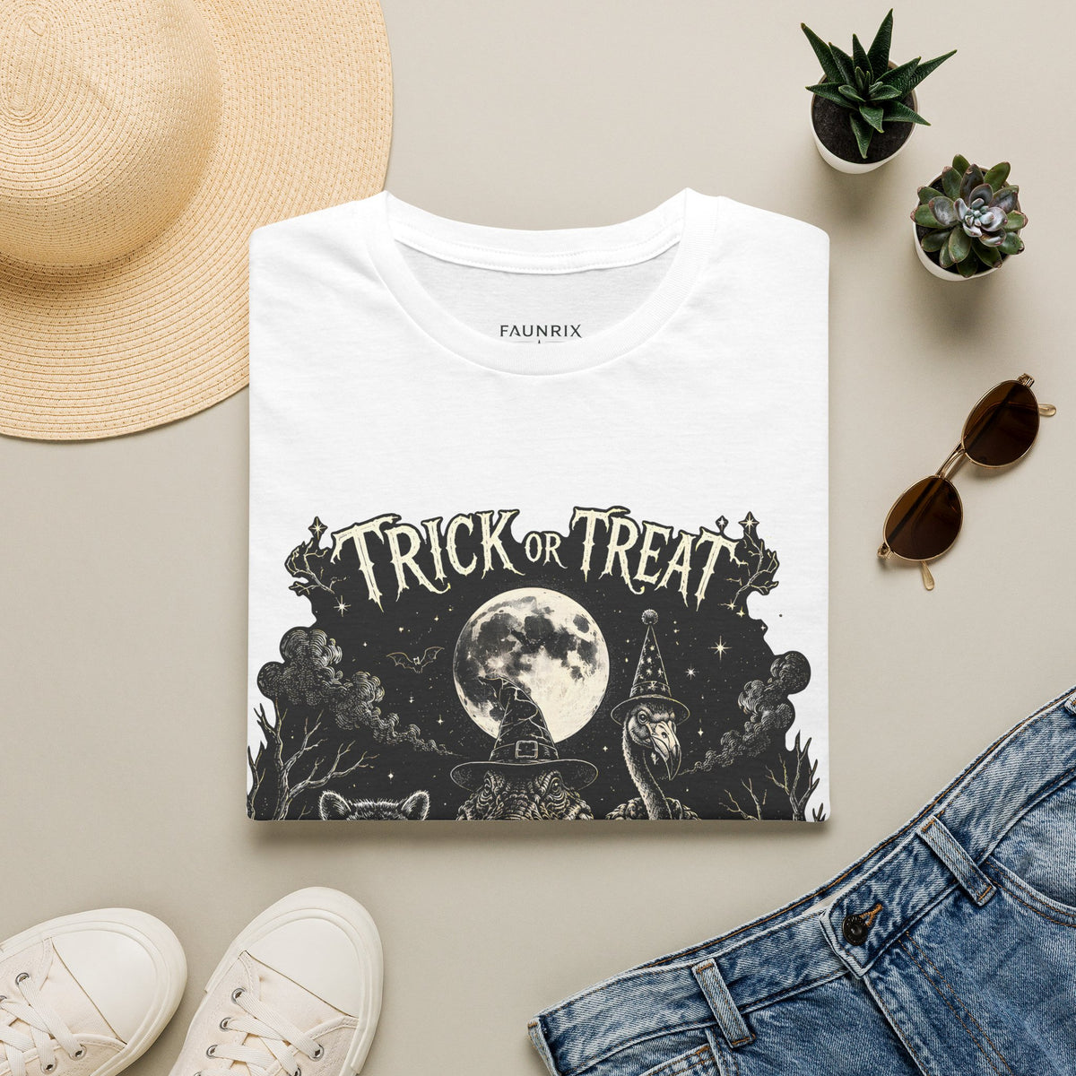 Halloween 'Trick or Treat' T-Shirt — Spooky Moon & Creatures Graphic