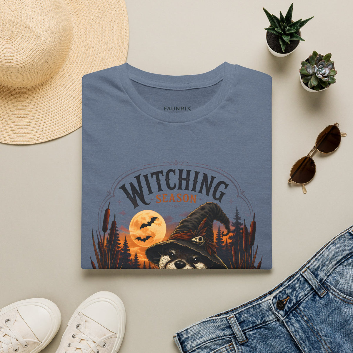 Witching Season T-Shirt — Halloween Witch Raccoon Graphic Tee