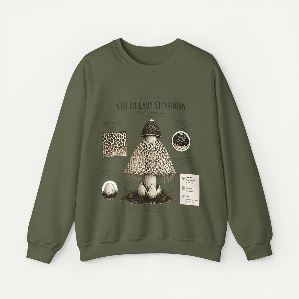 Veiled Lady Stinkhorn Mushroom Crewneck Sweatshirt — Botanical Mycology Graphic