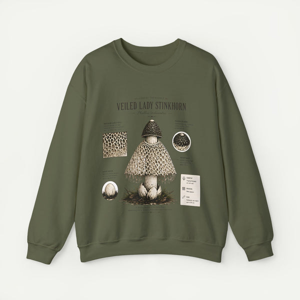 Veiled Lady Stinkhorn Mushroom Crewneck Sweatshirt — Botanical Mycology Graphic