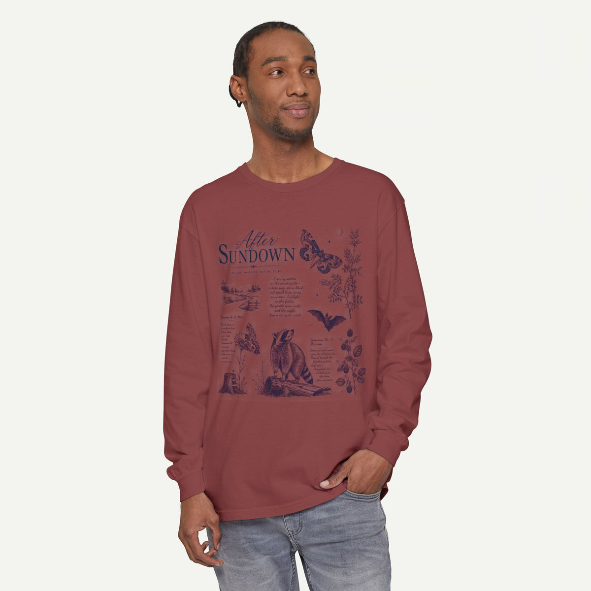 After Sundown Long Sleeve Tee — Vintage Moonlit Nature Graphic