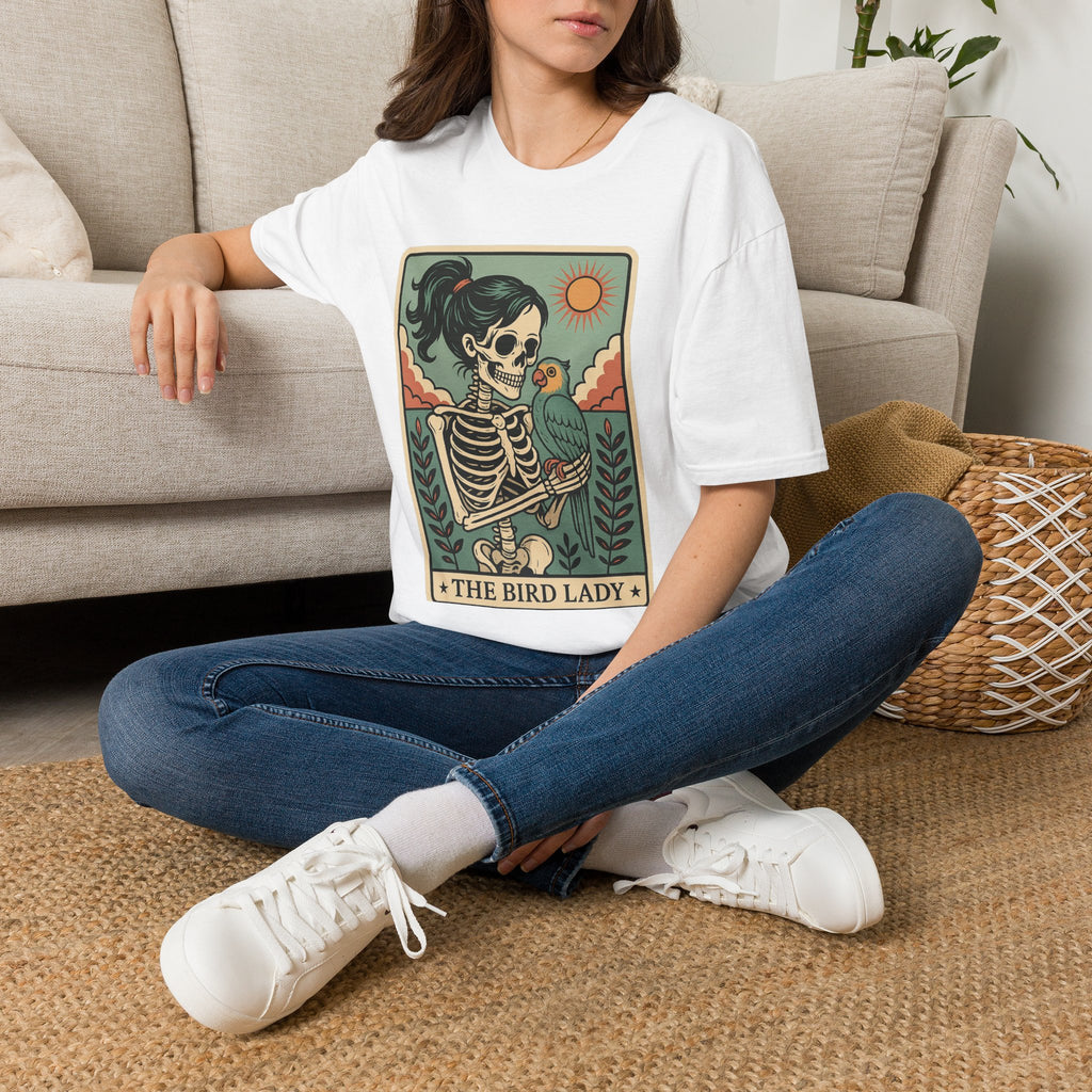 The Bird Lady T-Shirt — Retro Skeleton Woman with Parrot Graphic