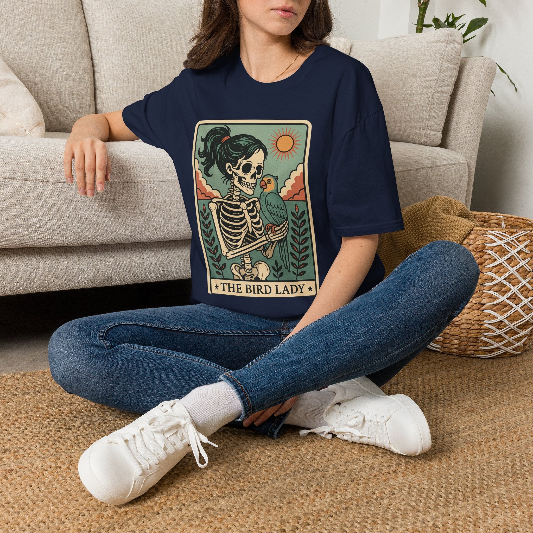 The Bird Lady T-Shirt — Retro Skeleton Woman with Parrot Graphic