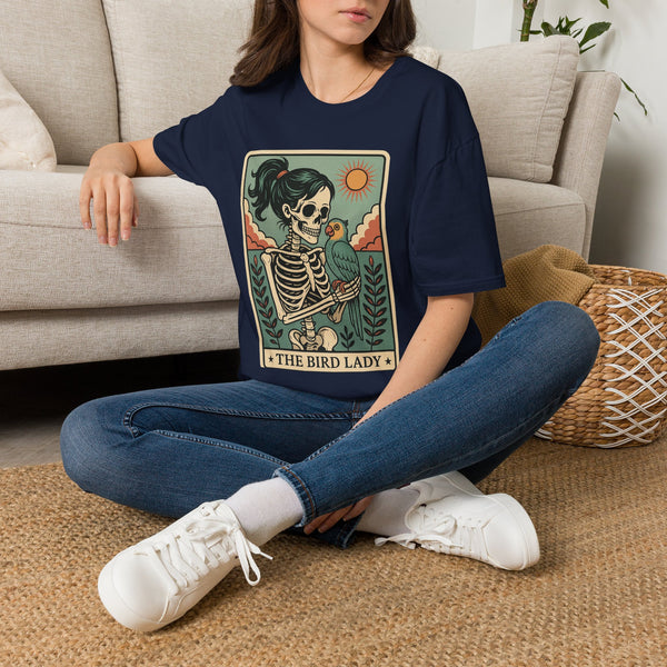 The Bird Lady T-Shirt — Retro Skeleton Woman with Parrot Graphic