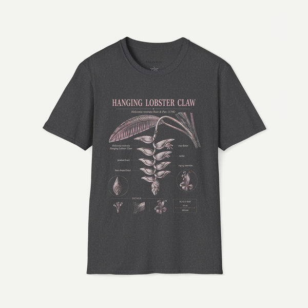 Hanging Lobster Claw Botanical T-Shirt — Vintage Floral Plant Illustration Tee