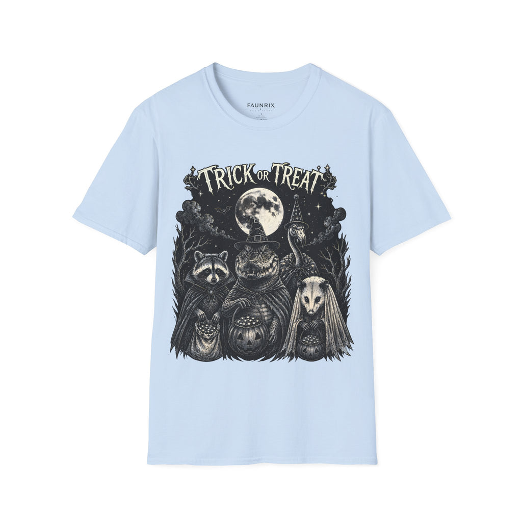 Trick or Treat Halloween T-Shirt — Vintage Moonlit Witch & Spooky Animals Tee