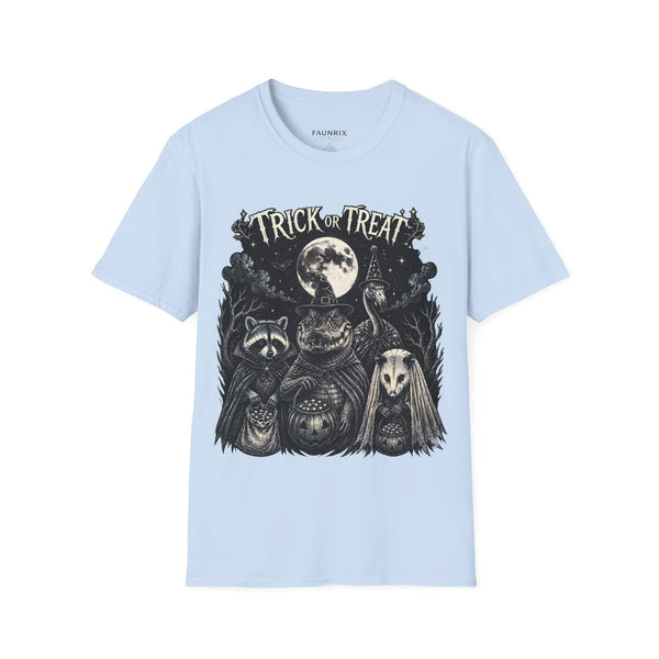 Trick or Treat Halloween T-Shirt — Vintage Moonlit Witch & Spooky Animals Tee