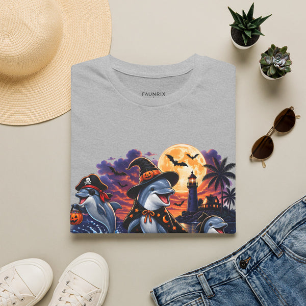 Halloween Dolphin T-Shirt — Cute Spooky Beach Scene with 'Happy Halloween'