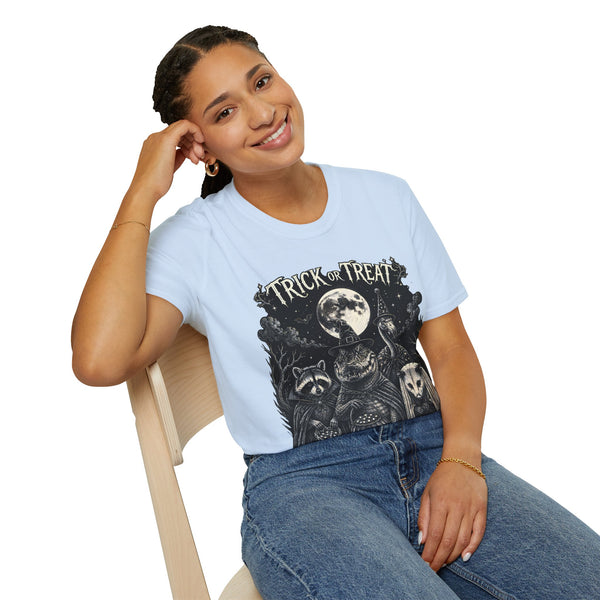Trick or Treat Halloween T-Shirt — Vintage Moonlit Witch & Spooky Animals Tee