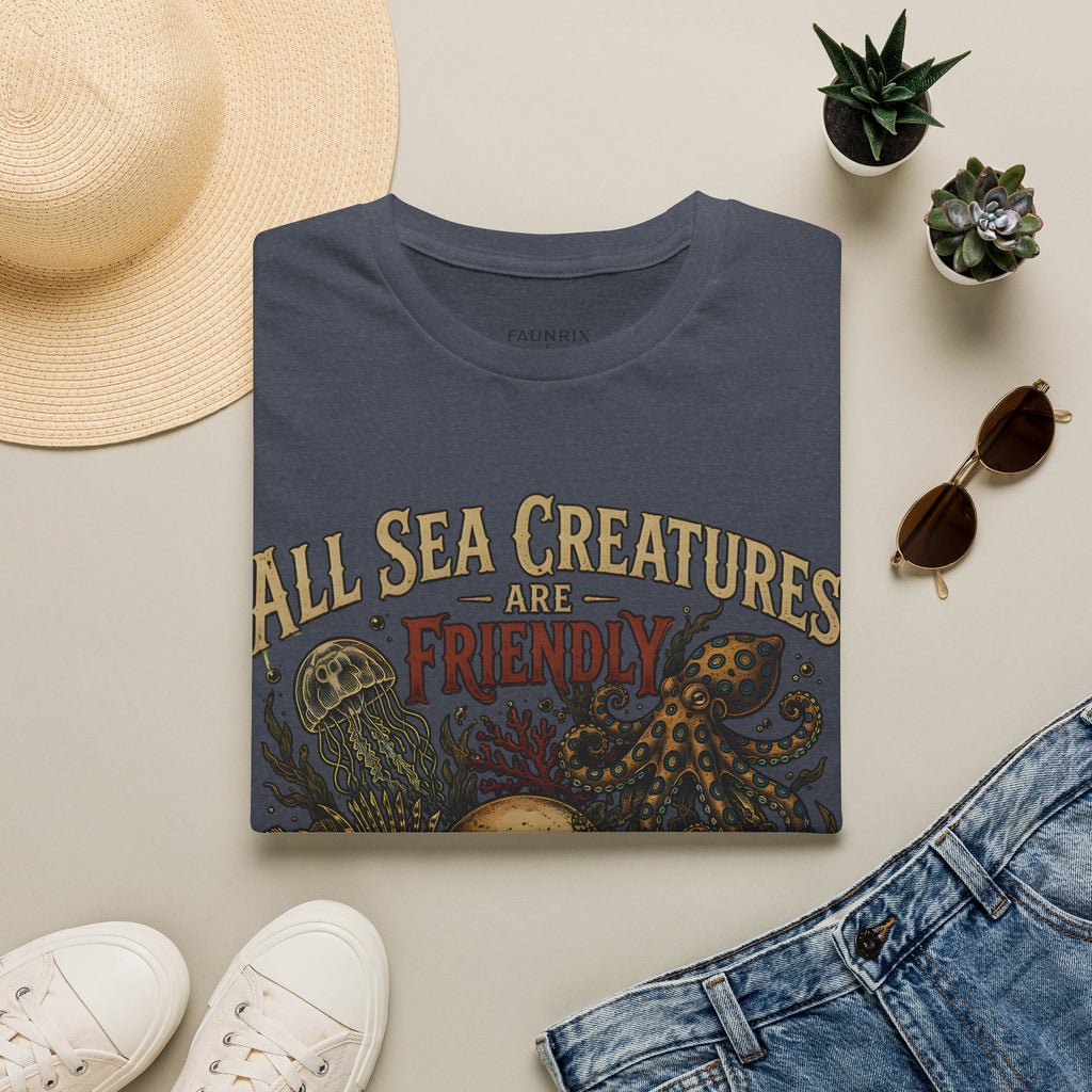Ocean Creature Graphic T-Shirt — "All Sea Creatures Are Friendly (Some Only Once)" Vintage Skull Octopus Tee