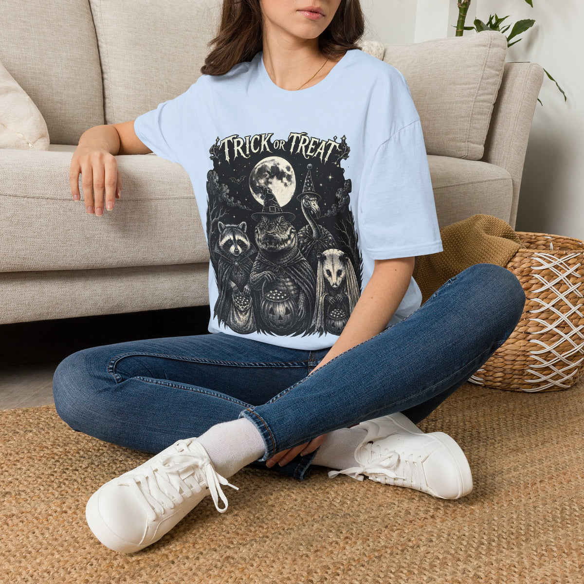 Trick or Treat Halloween T-Shirt — Vintage Moonlit Witch & Spooky Animals Tee